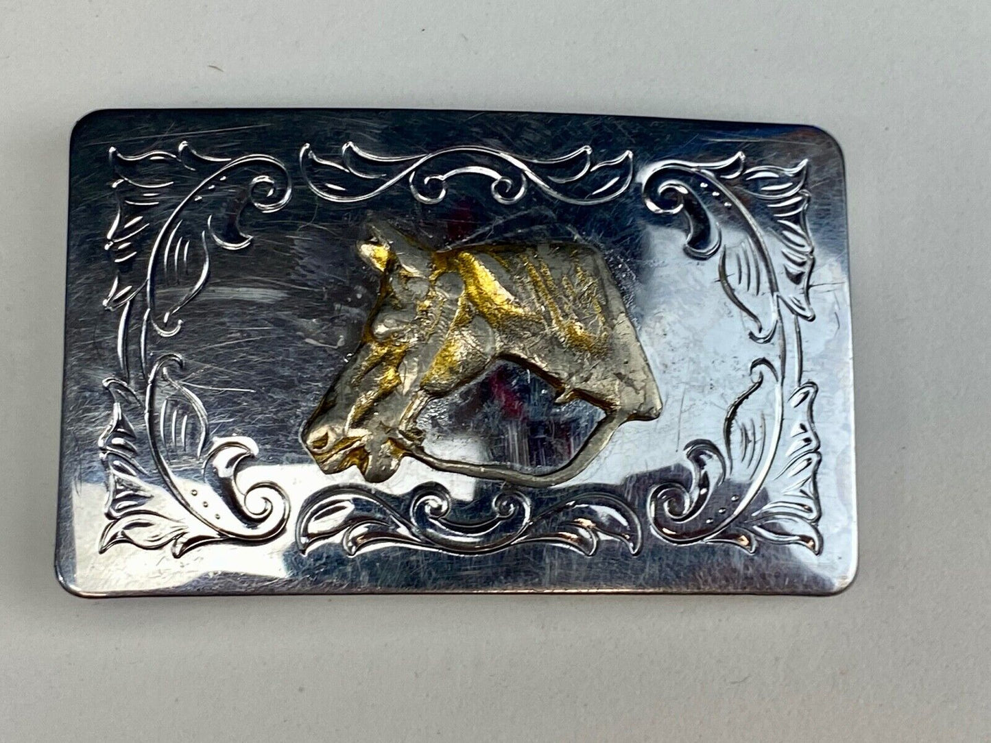 USA made western horse head bust on mixed metal belt buckle 