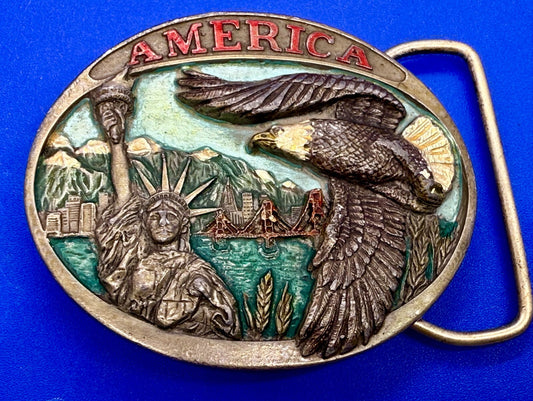 America Statue of Liberty Bald Eagle Golden State Bridge 1985 C+J Belt Buckle