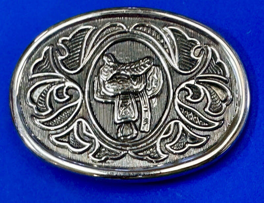 Vintage Cowboy's Horse Saddle ornate flower swirl oval belt buckle by Avon