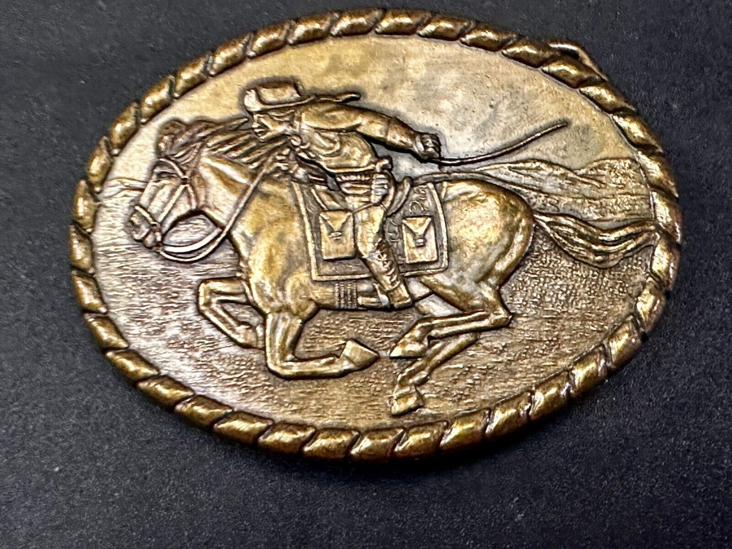 Vintage 1981 Pony Express Rider Mervyn's Commemorative Brass Tone Belt Buckle