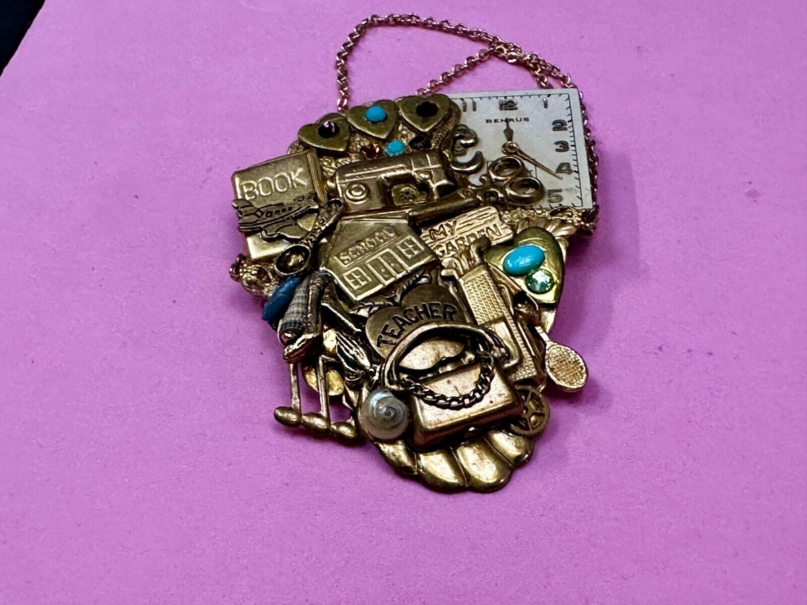 Teacher School Book My Garden Artisan Chain Charm Gold Tone Brooch Pin 2006