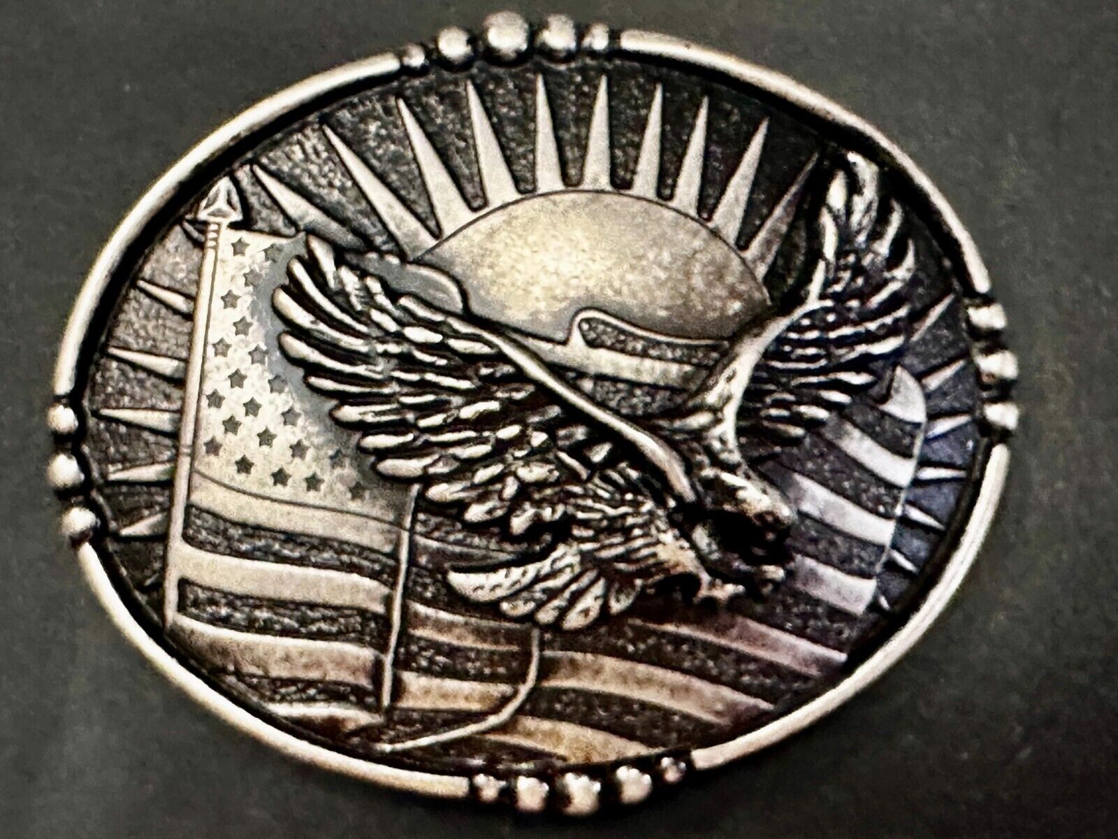 American Flying Eagle Flag Stars Stripe Sun Silver Color Patriotic Belt Buckle