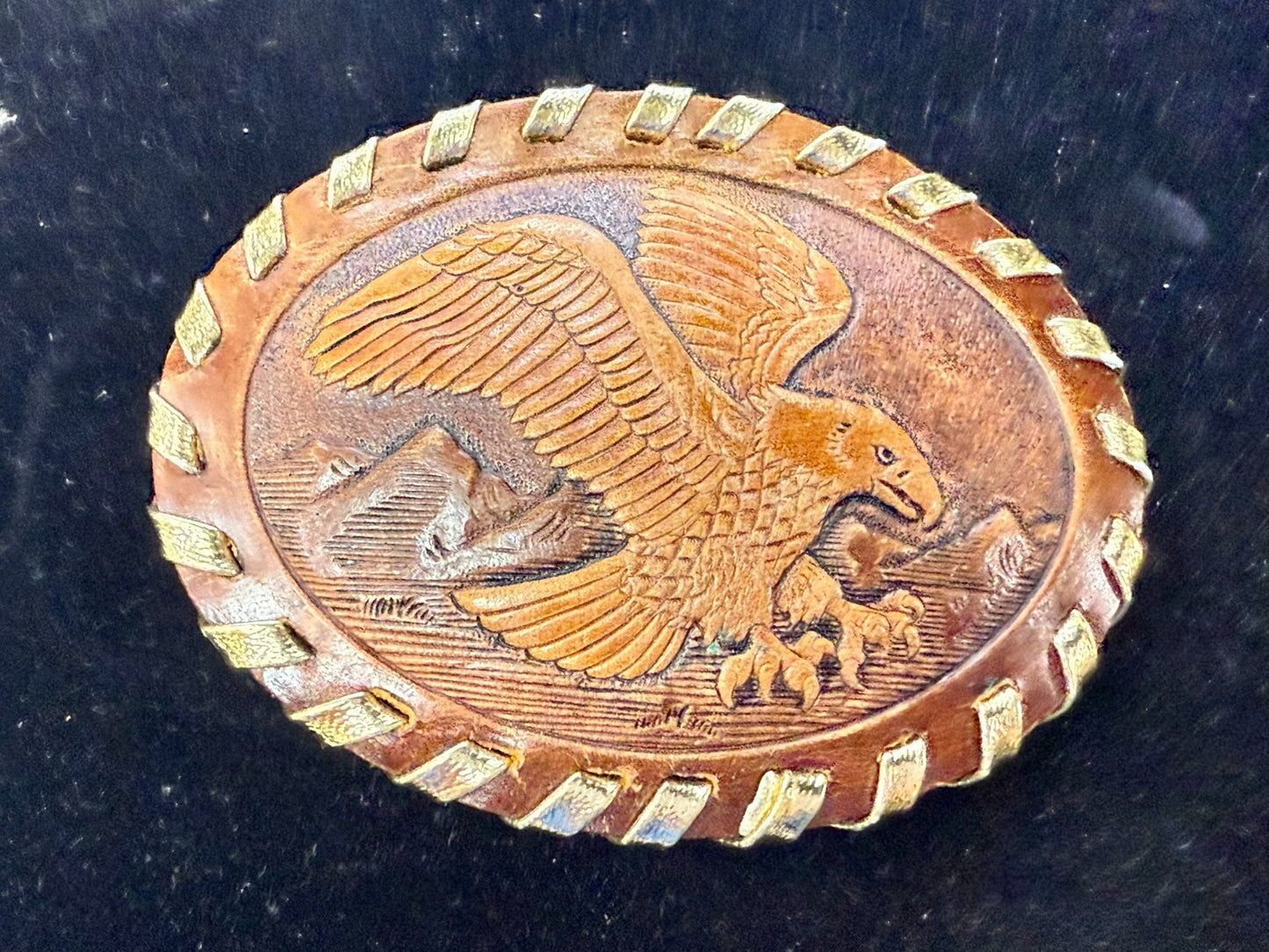 American Bald Eagle Flying Over the Mountain Embossed on Leather Belt Buckle