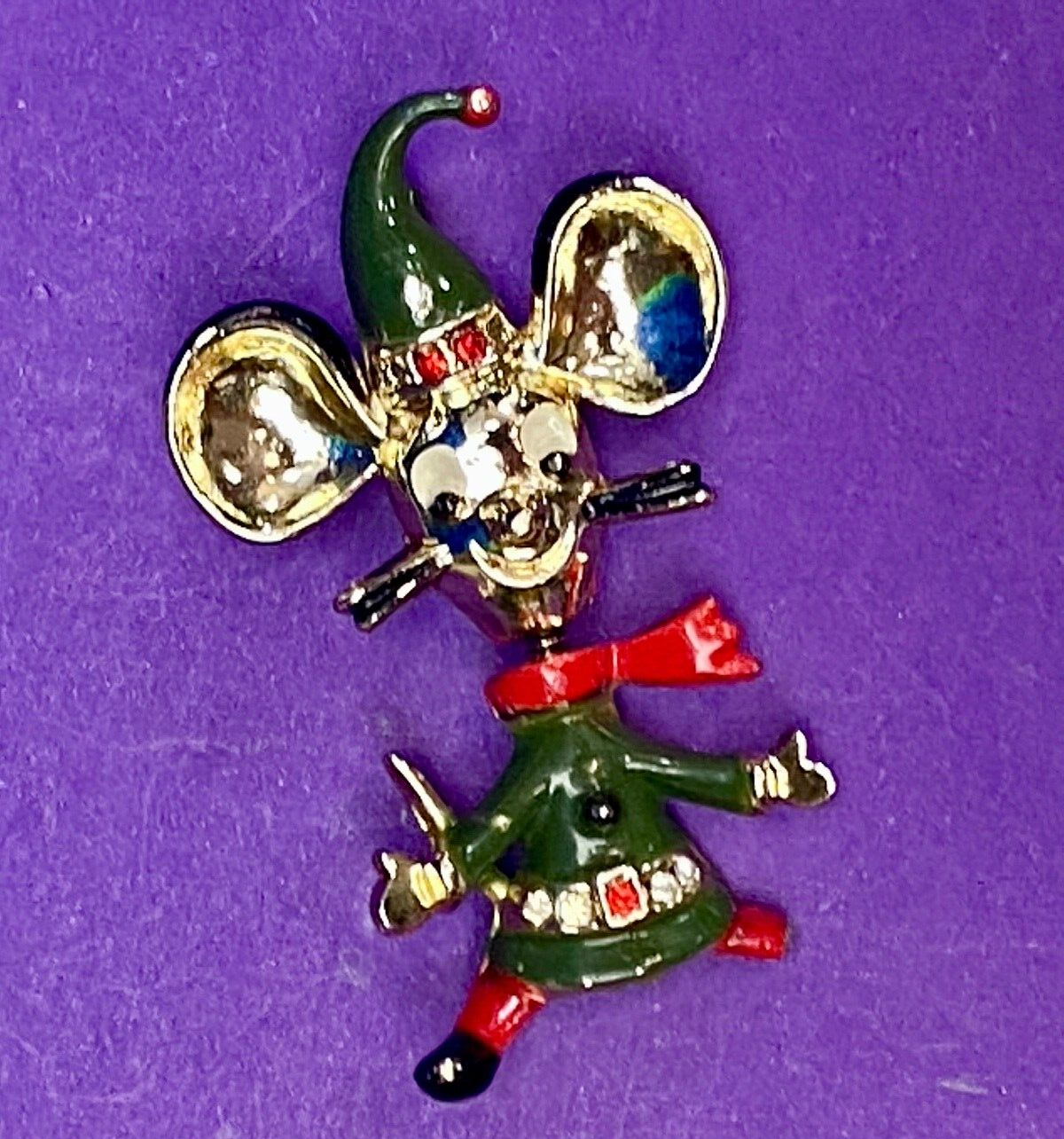 Vintage Jumping Mouse Brooch Pin by BEATRICE Red Green Enamel on GP Signed BJ