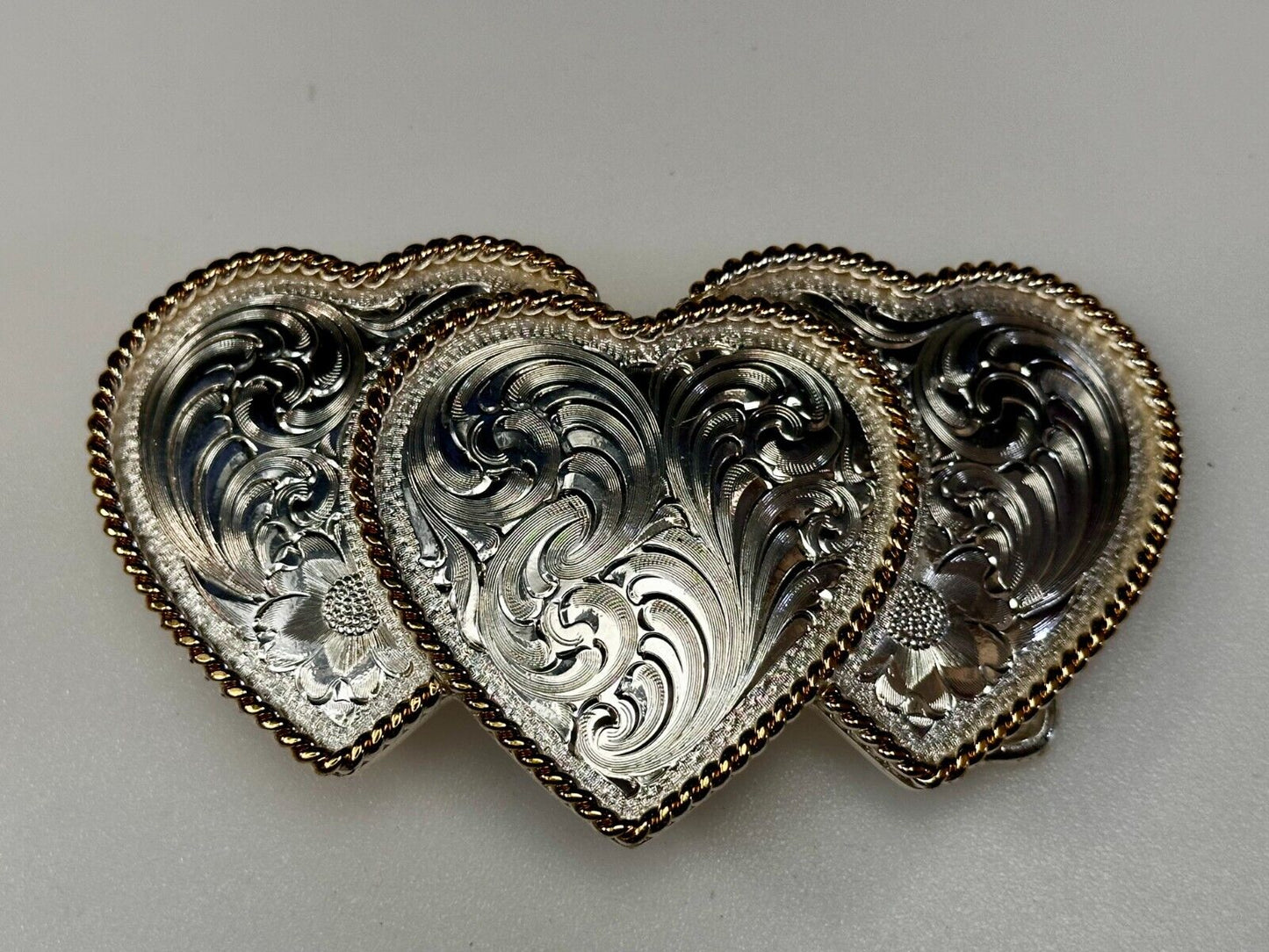 Triple 3 Hearts  Etched Floral Vintage Large Montana Silversmiths Belt Buckle