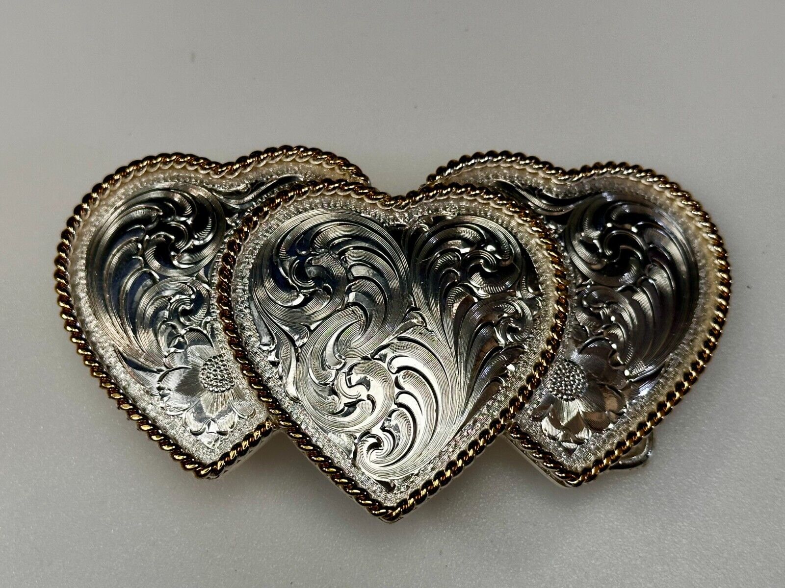 Triple 3 Hearts  Etched Floral Vintage Large Montana Silversmiths Belt Buckle