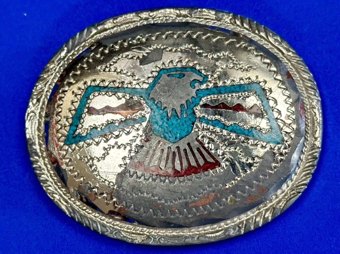 THUNDERBIRD Inlaid turquoise & Coral belt buckle - see hallmark ---   to restore