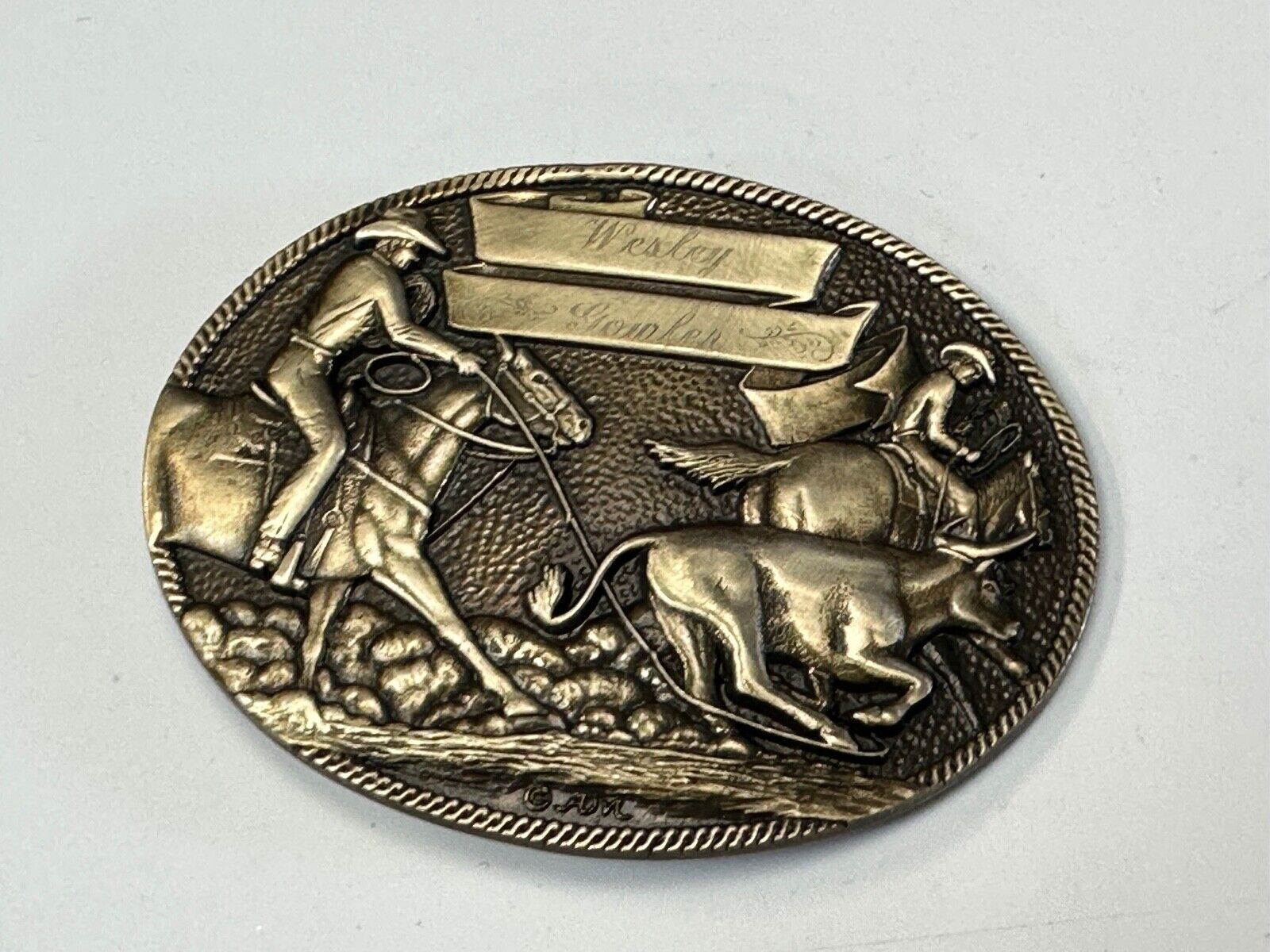 The Cattle Drive Western Rodeo Cowboys engraved award ribbon scroll belt buckle