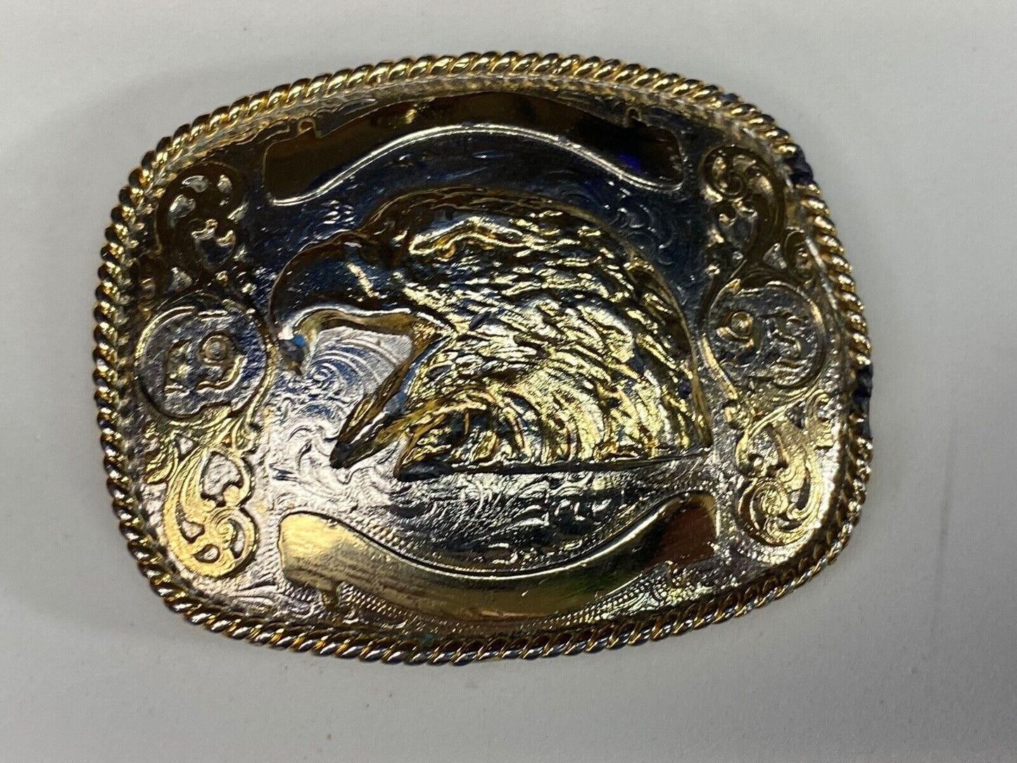 Vintage 1995 Mixed Metal Eagle Head Belt Buckle With Blank Award Ribbon Scroll 