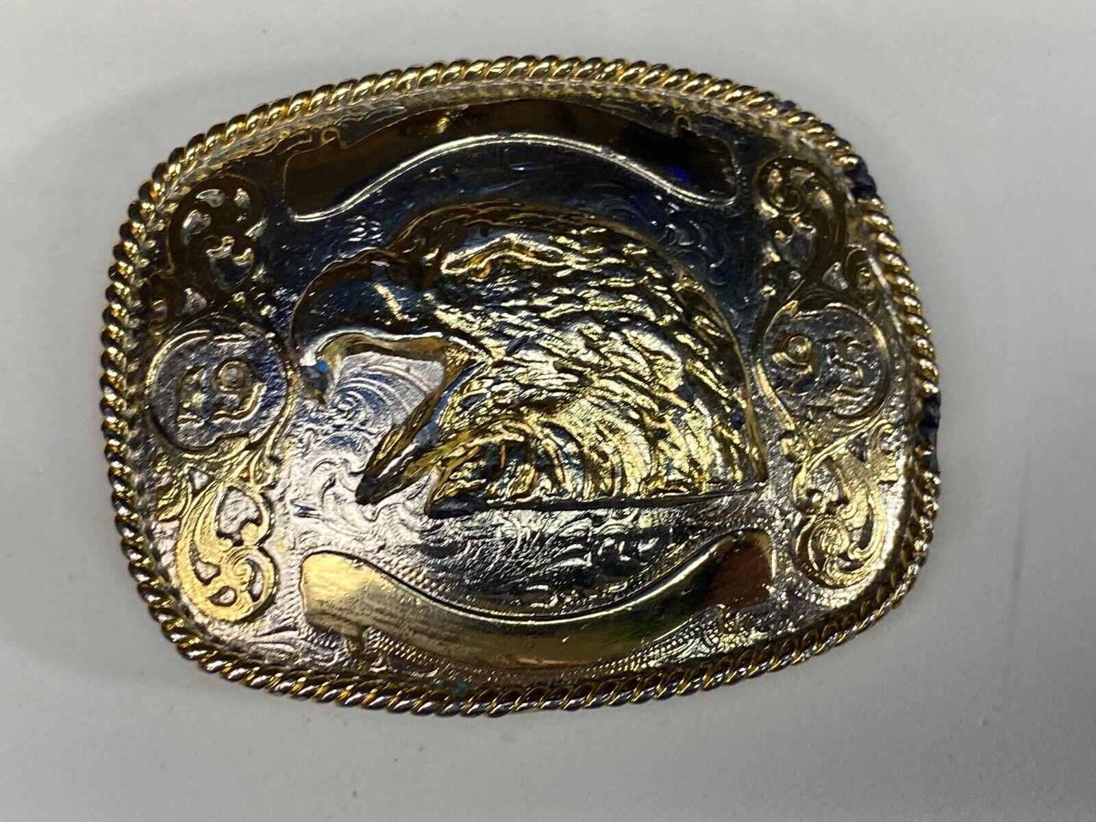 Vintage 1995 Mixed Metal Eagle Head Belt Buckle With Blank Award Ribbon Scroll 