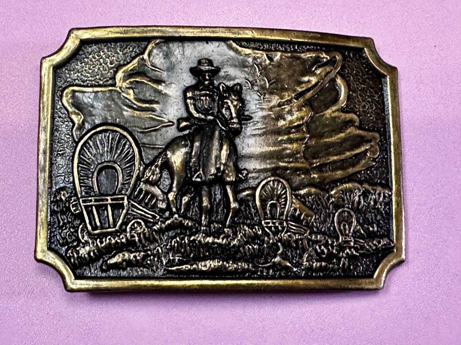 Tall In The Saddle Western Cowboy Leading Wagon Train Vintage ART Belt Buckle
