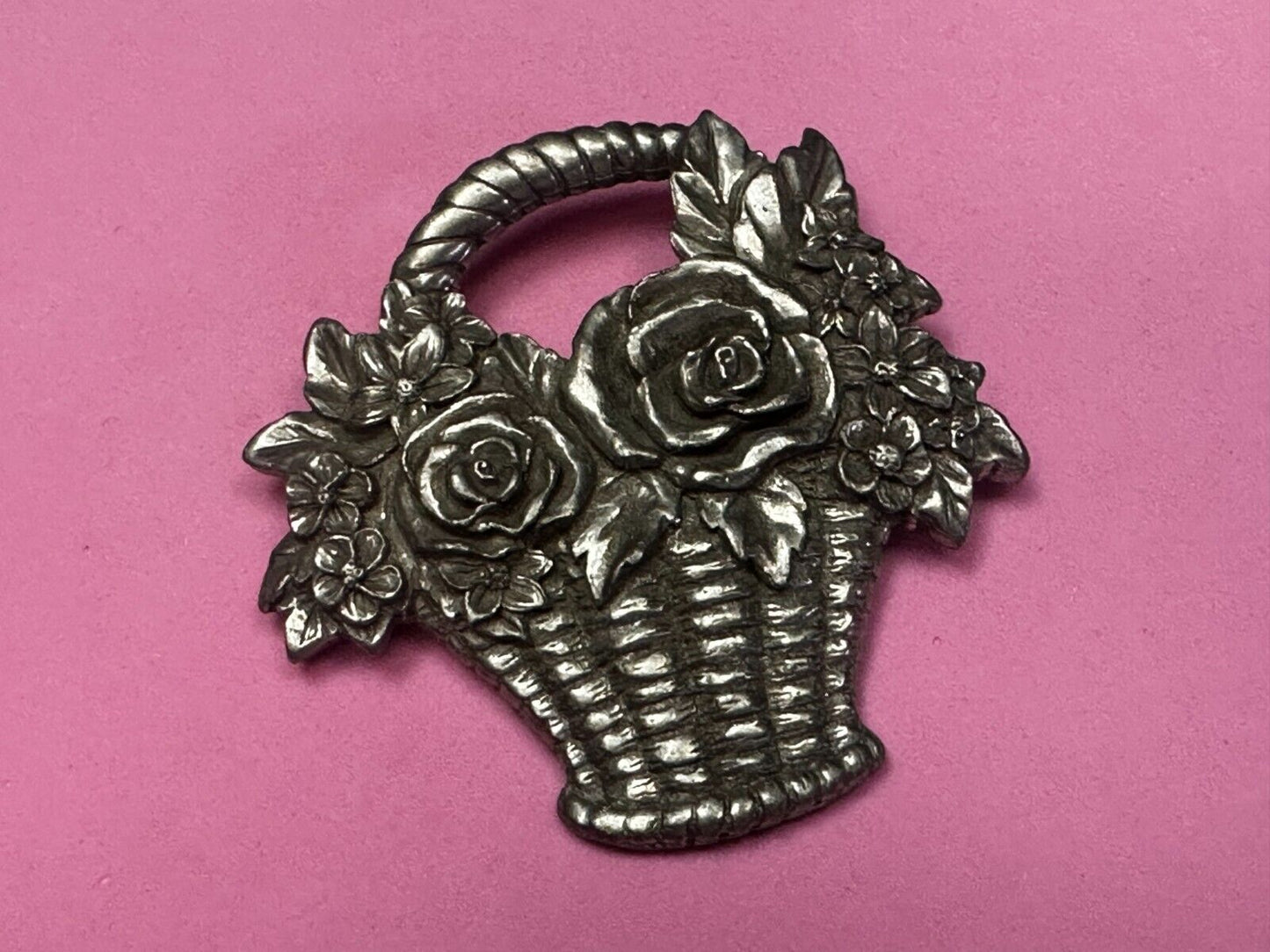 Vintage 1980's Flower Basket Floral Pewter Brooch Pin Signed Seagull Canada