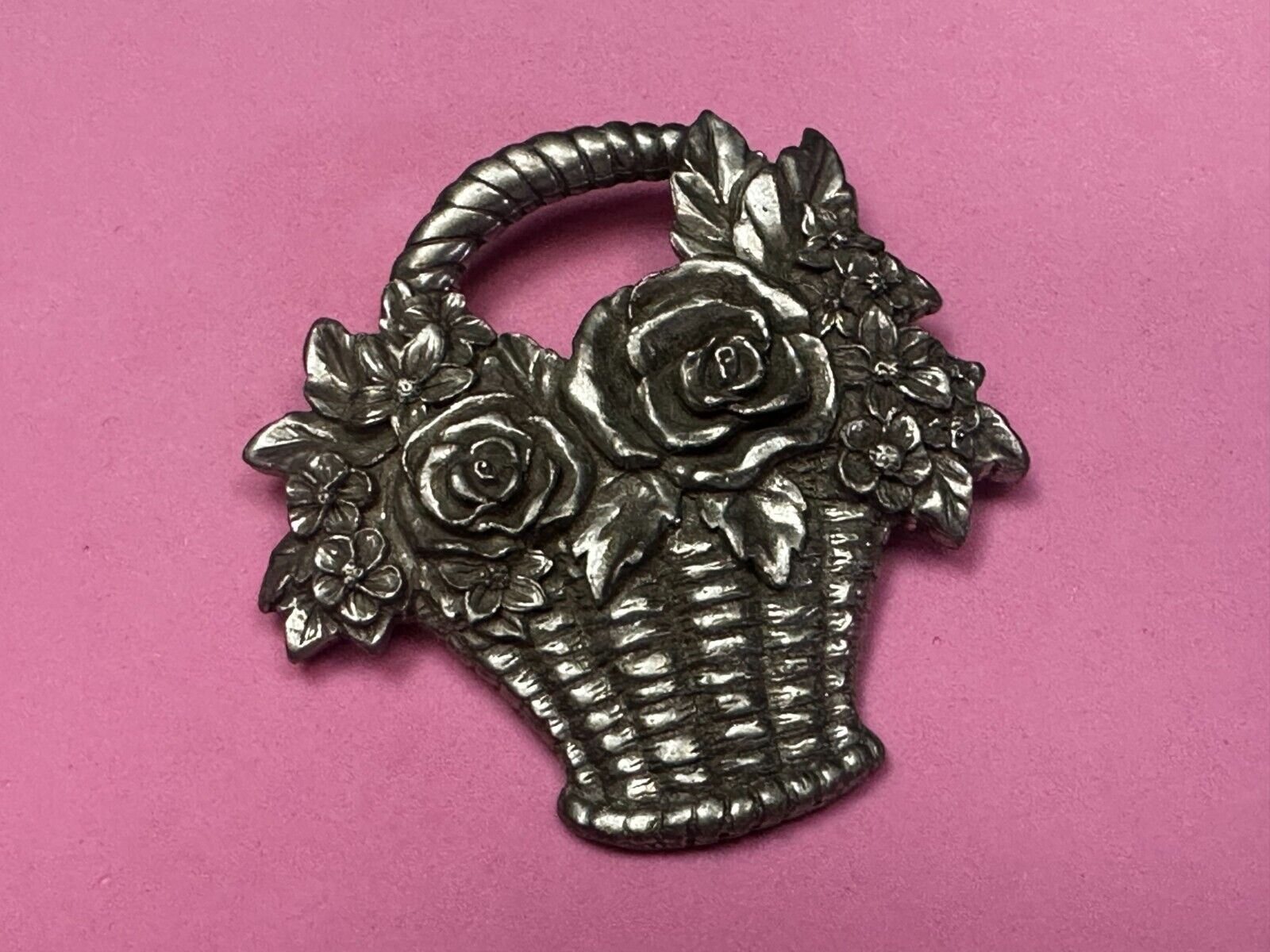 Vintage 1980's Flower Basket Floral Pewter Brooch Pin Signed Seagull Canada