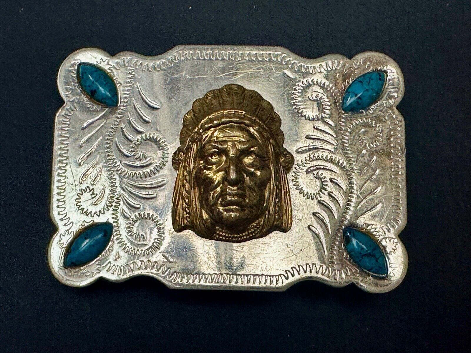 3D Native American Indian Chief & Turquoise stones Nickel Silver Vtg Belt Buckle