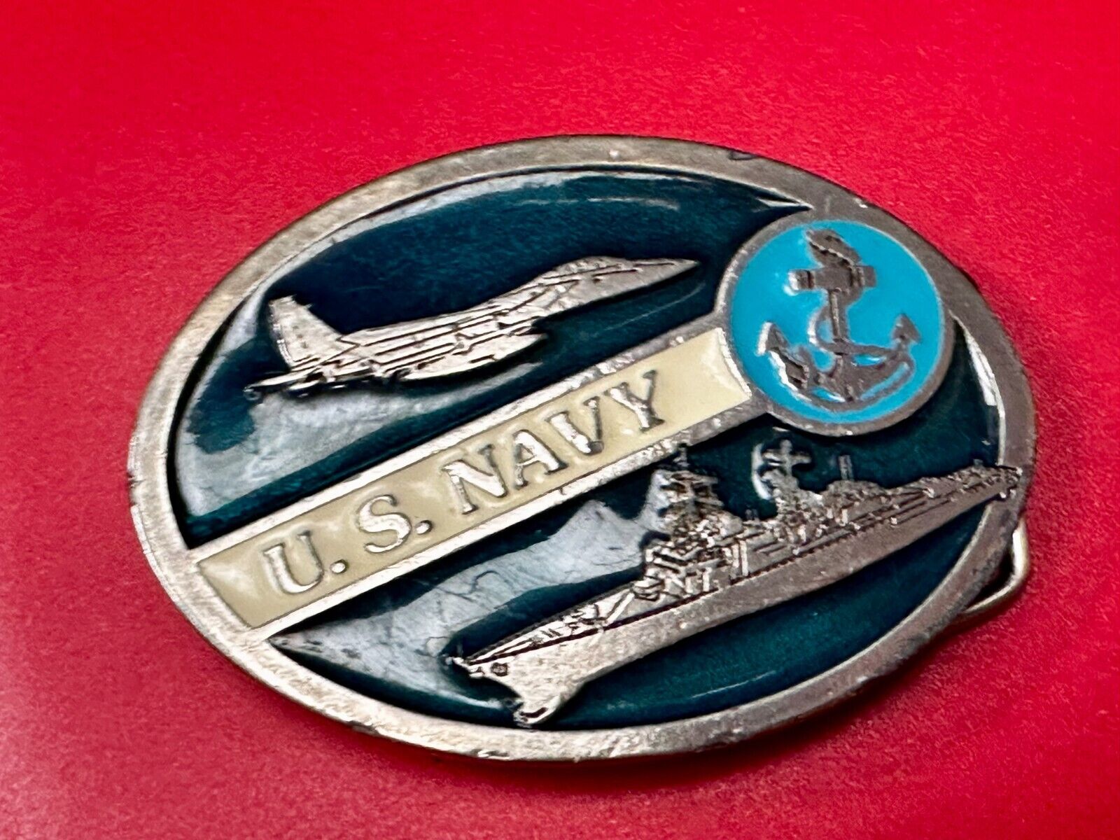 US Navy Fighter Jet Battleship Blue Anchor Vintage 3" Wide Belt Buckle #2260