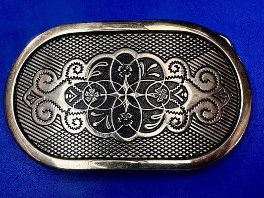 Vintage Flower Swirl Wide Oval Silver & Black Color Belt Buckle