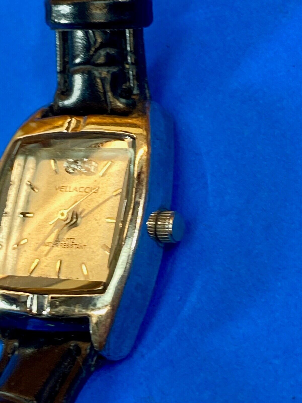 VELLACCIO watch - silver tone square face Diamond accent! black leather band