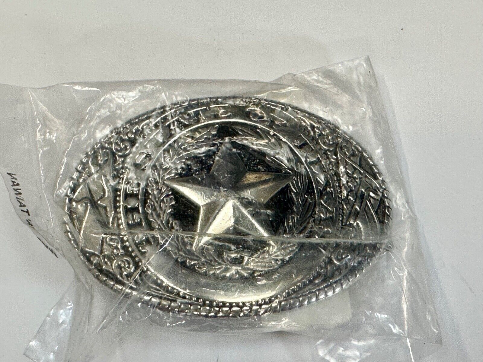 The Great State of Texas - Lone Star Flags seal silver tone NOS belt buckle