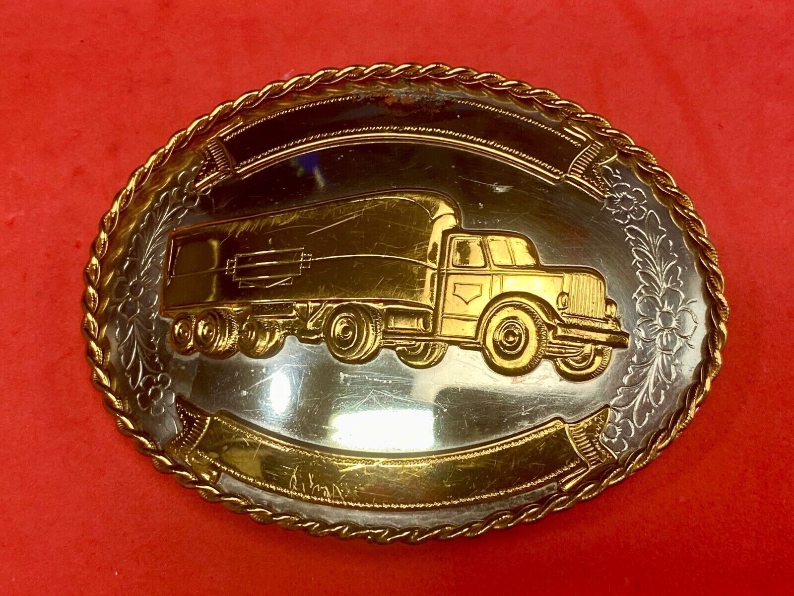Vintage German silver Semi Driver Big Rig blank award ribbon scroll belt buckle 