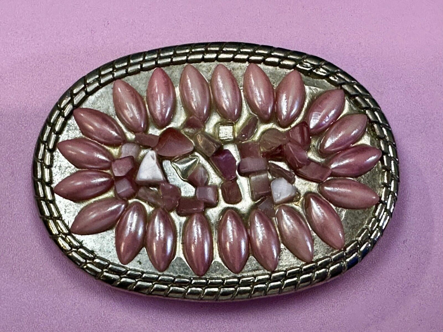 Artisan Made Pink Stones? on silver tone oval western Belt Buckle