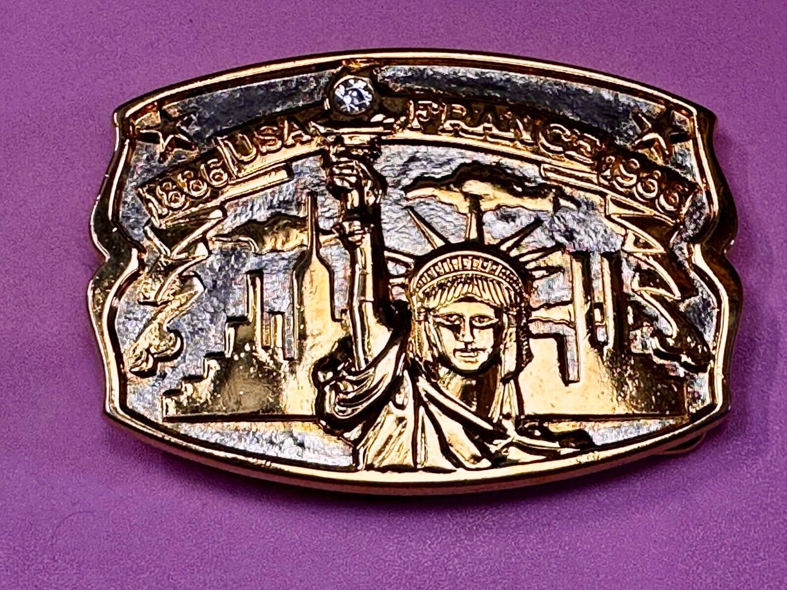 USA France Lady Liberty Statue Commemorative two tone Hammond Mint Belt Buckle