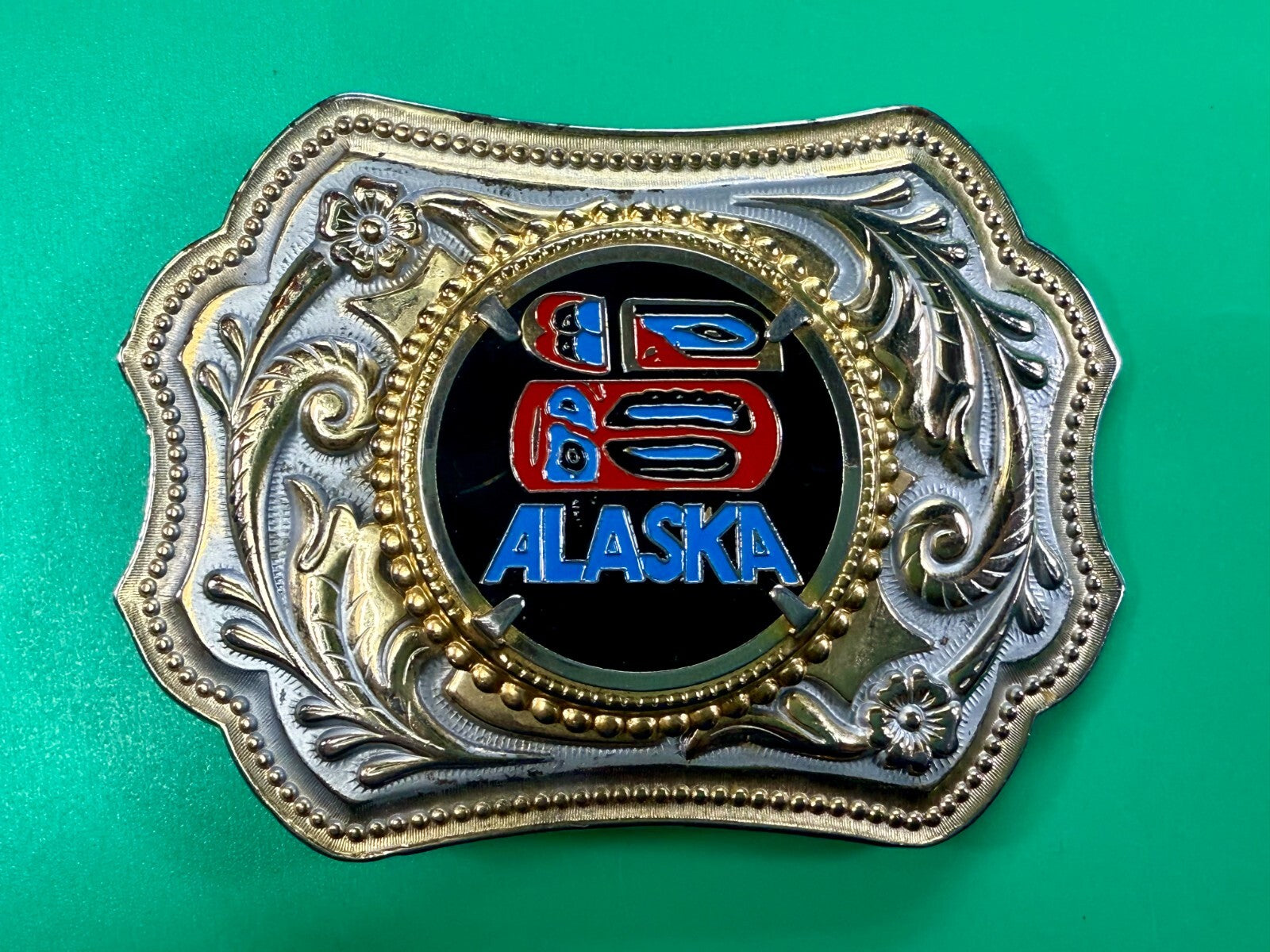 ALASKA Alaskan State Centerpiece on Gold Color Western Style Belt Buckle