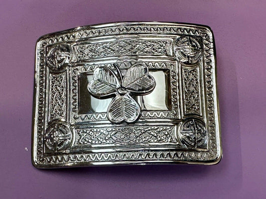 Three Leaf Clover Centerpiece on Ornate Silver Color Vintage Belt Buckle