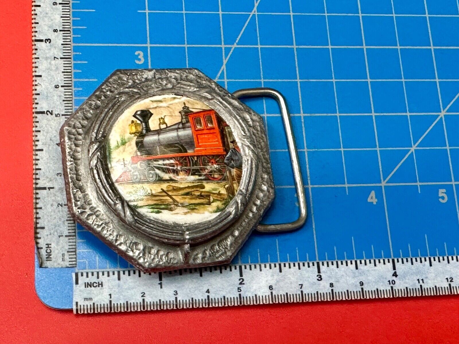 Train Steam Engine Art Picture on ceramic and pewter Vintage Belt Buckle
