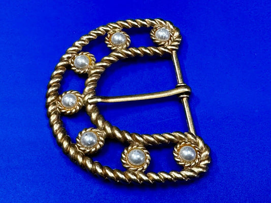 Beautiful Faux Pearl Openwork Rope Border Gold Tone Replacement Belt Buckle
