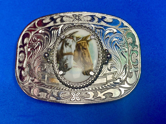 Beautiful Two Horse Bust Head's Photo Picture Western Centerpiece Belt Buckle 