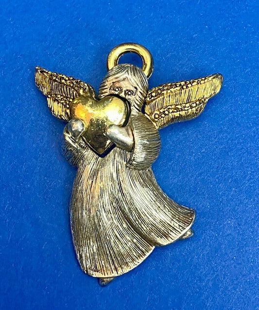 Angel Holding Heart Vintage Brooch Pin Gold & Silver Tone Lc Liz Claiborne 