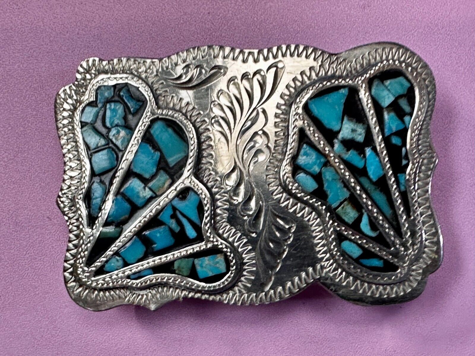 Turquoise Coral Stone Chip Inlay Hand Made Wil-Aren Western Jewelry Belt Buckle