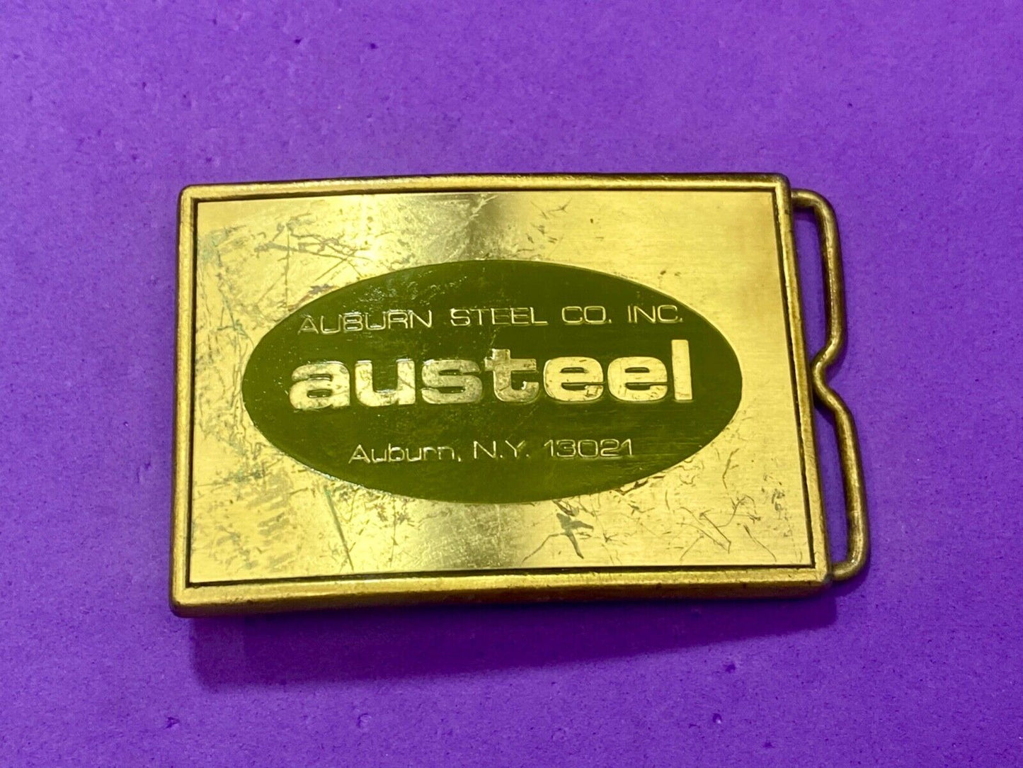 AUSTEEL Alburn Steel Company INC NY 13021 promo belt buckle by RJ
