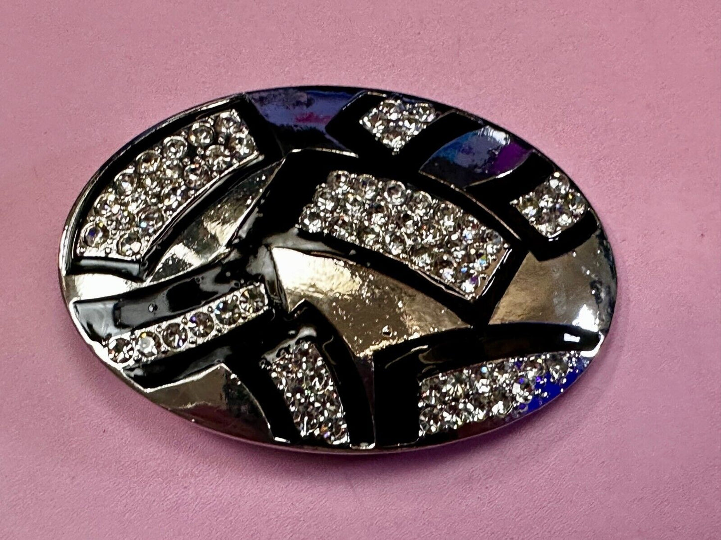 Unique Rhinestone Accented Black & Silver Tone Women's Oval Belt Buckle