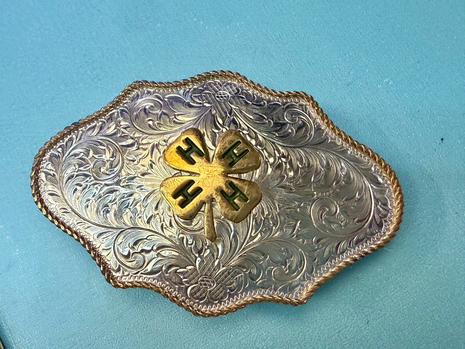 4H Leaf Swirl Ornate German Silver Montana Silversmiths Belt Buckle