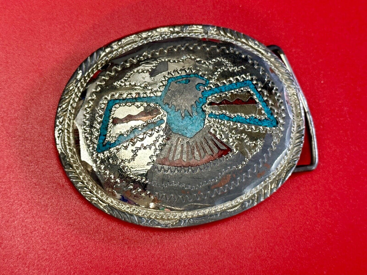 THUNDERBIRD Inlaid turquoise & Coral belt buckle - see hallmark ---   to restore