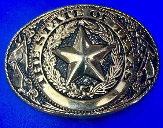 The Great State of Texas Star & Flag gold & black color western belt buckle