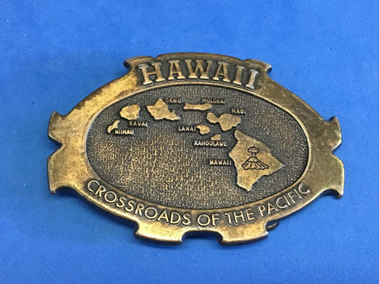 vintage Hawaii crossroads of the pacific 3.5"  belt buckle   ocean island map  