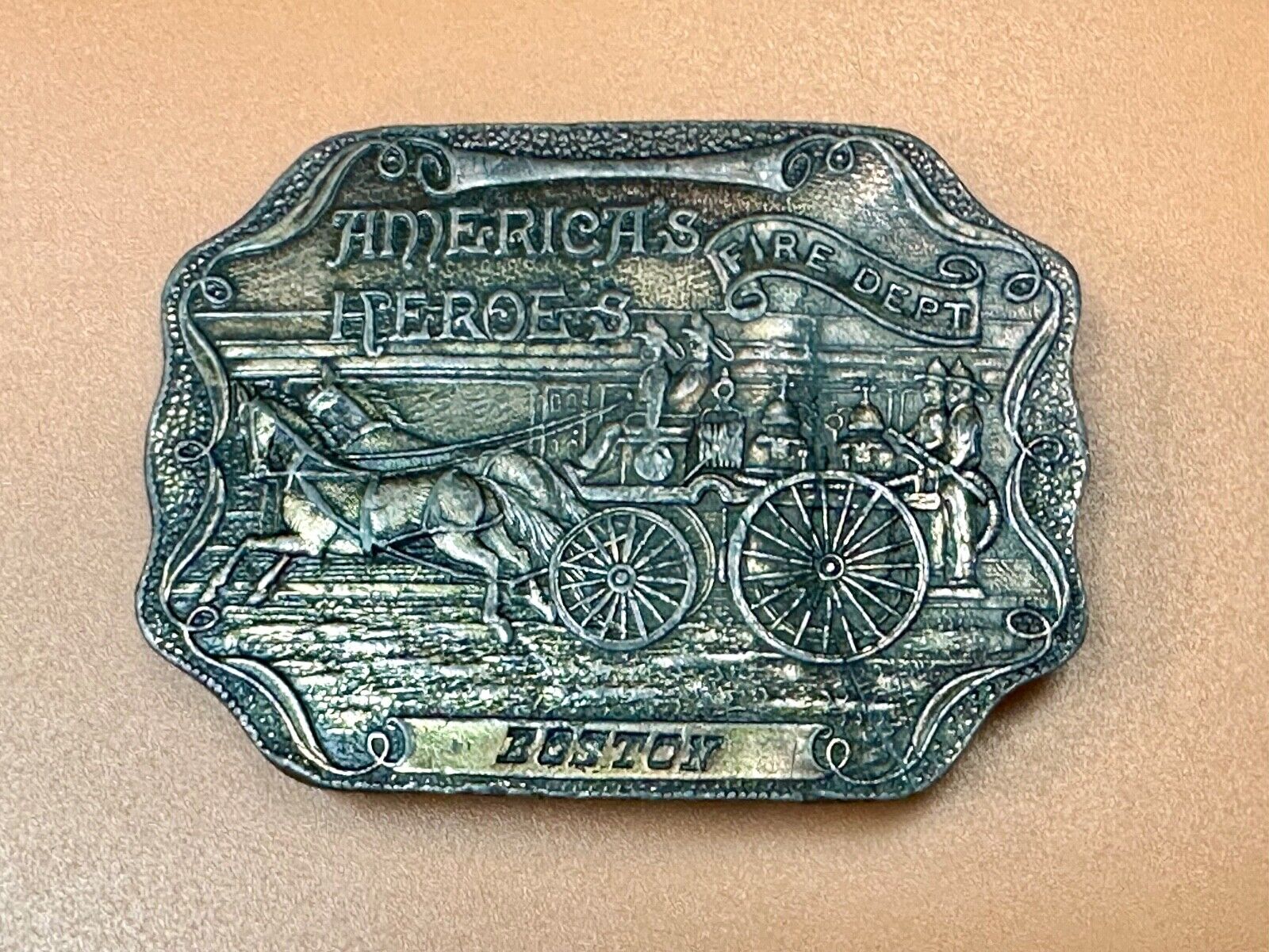 America's Heroes Fire Dept Boston Brass Tone Belt Buckle Horse Wagon