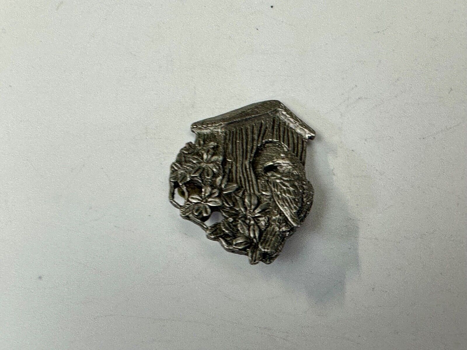 Bird flying to birdhouse - vintage birds and blooms pewter pin