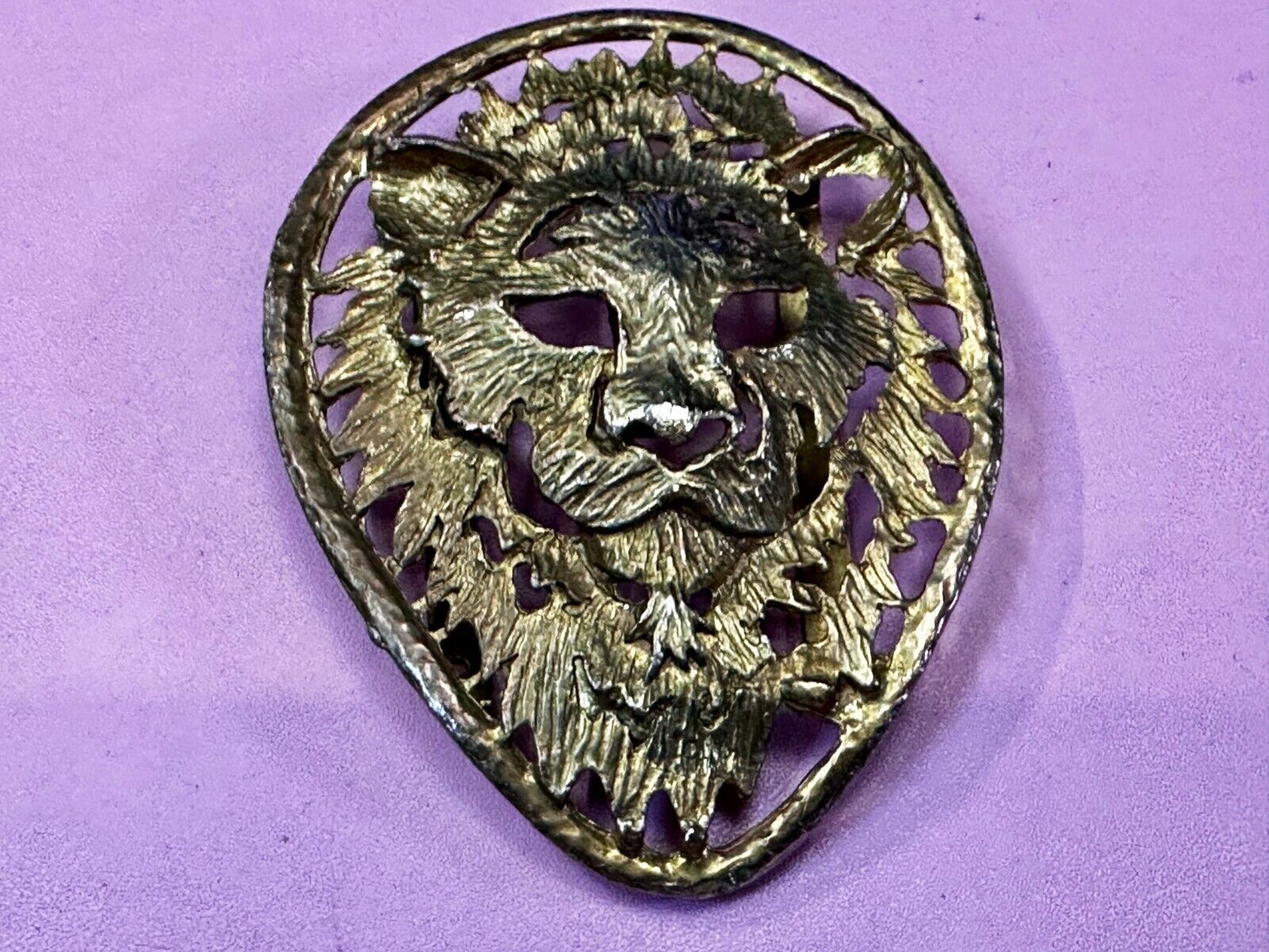 Beautiful Lion Tiger Head Vtg. Figural Cutout See Through Gold Tone Belt Buckle
