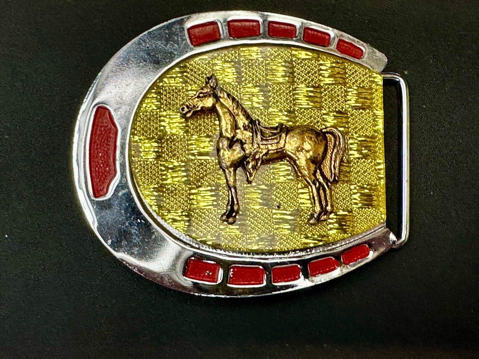 Artisan Resin covered Horseshoe shaped Belt Buckle with gold tone standing horse
