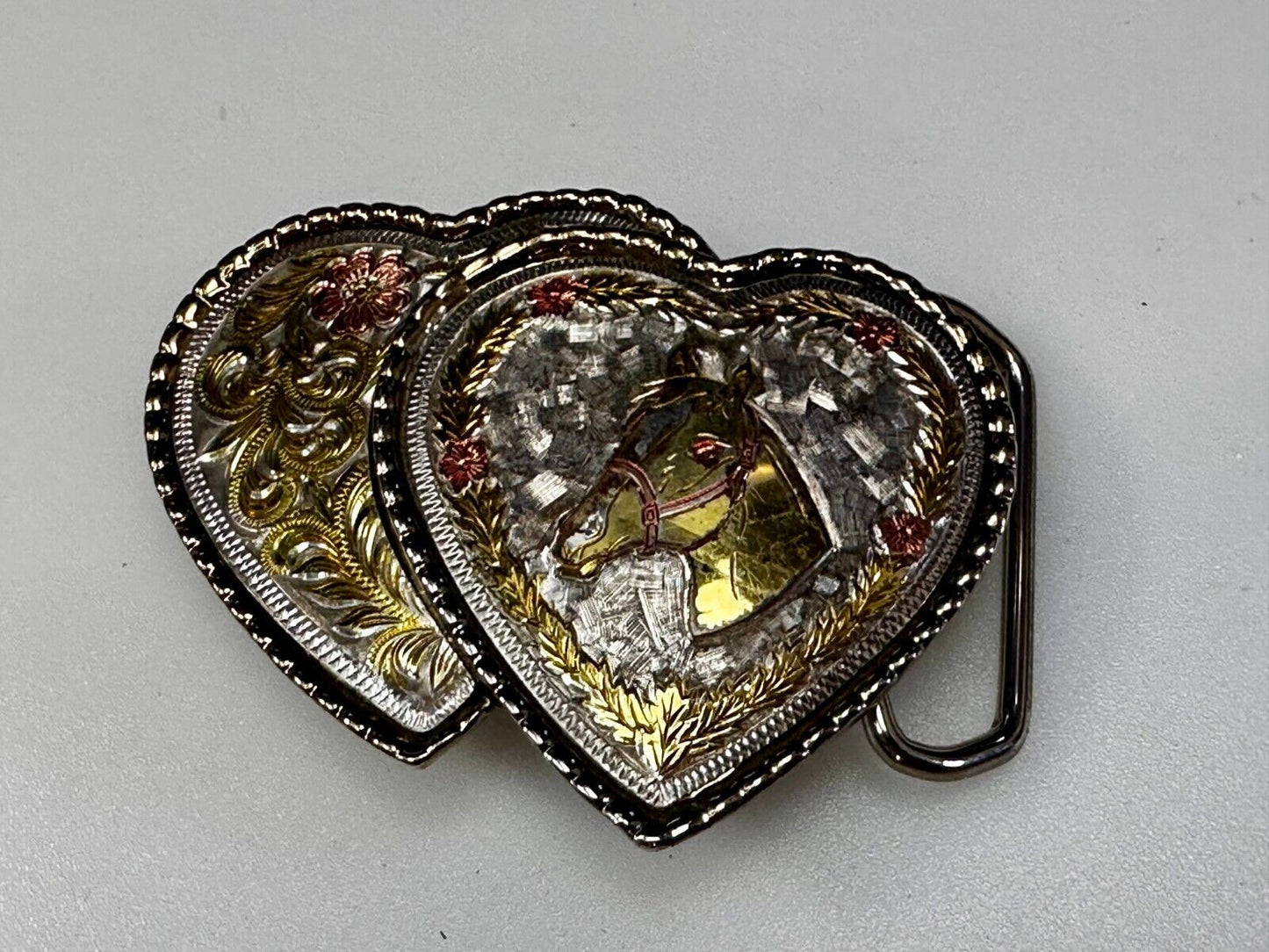 Twin Dual Hearts Horse Head Flower Swirl FloralWestern Belt Buckle W USA