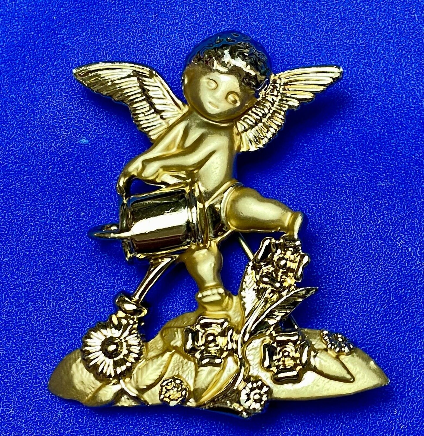 Angle Watering Flower Garden Plants Cupid Brooch Pin Signed AJC 