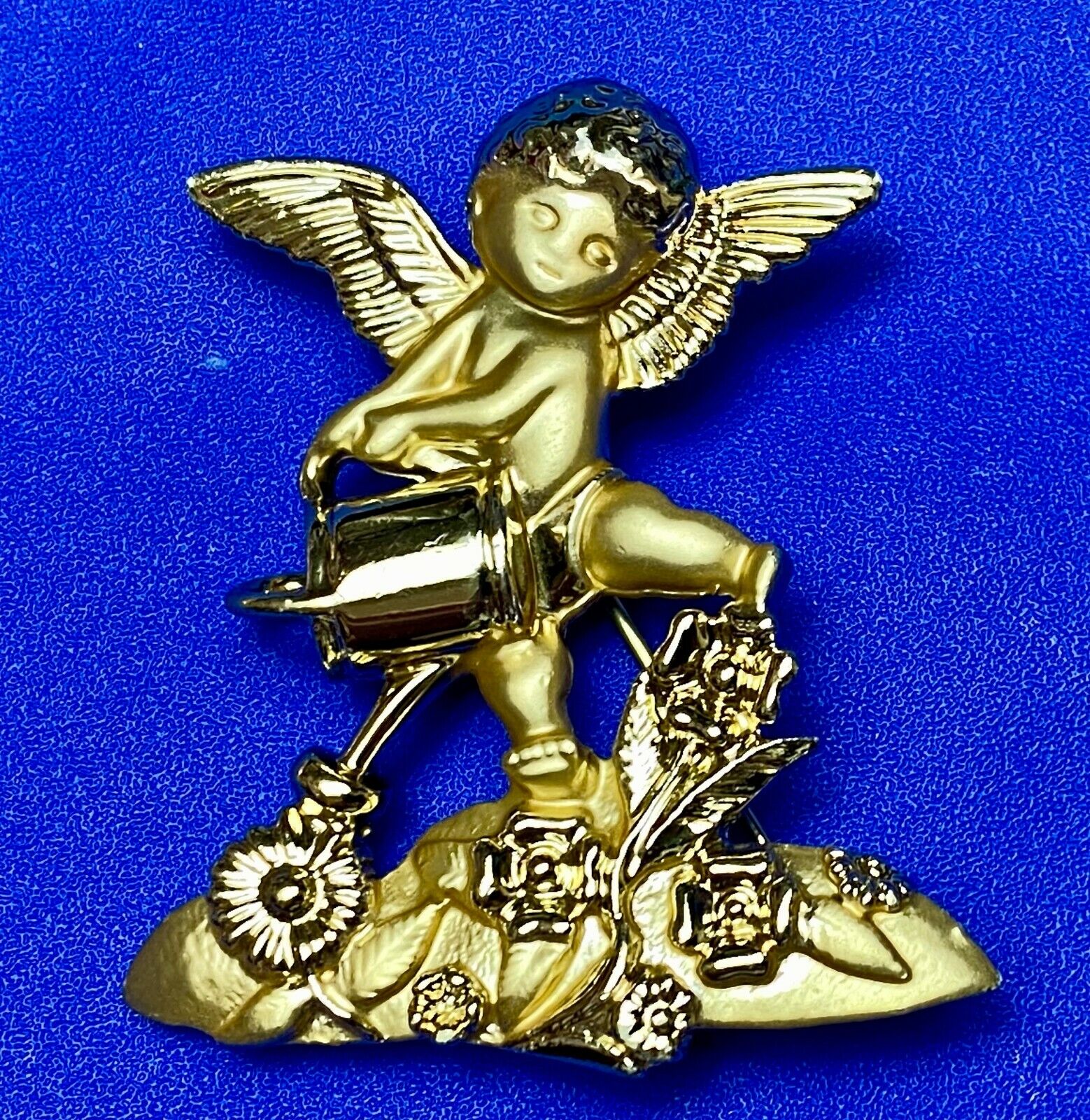 Angle Watering Flower Garden Plants Cupid Brooch Pin Signed AJC 