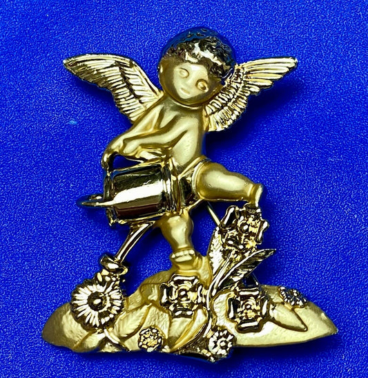 Angle Watering Flower Garden Plants Cupid Brooch Pin Signed AJC 
