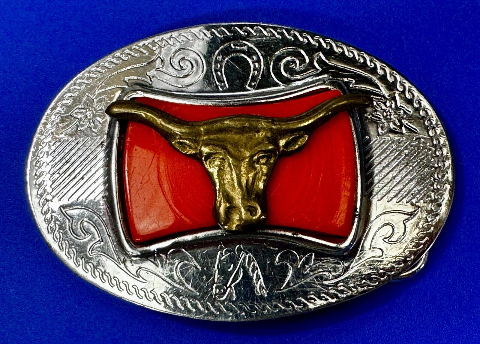 Texas Longhorn Cattle Bull Orange Enamel Backed Western Style Belt Buckle
