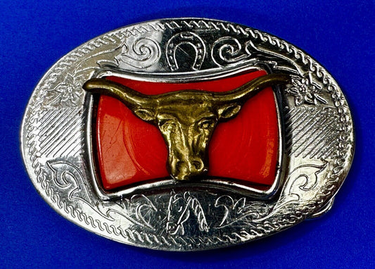 Texas Longhorn Cattle Bull Orange Enamel Backed Western Style Belt Buckle