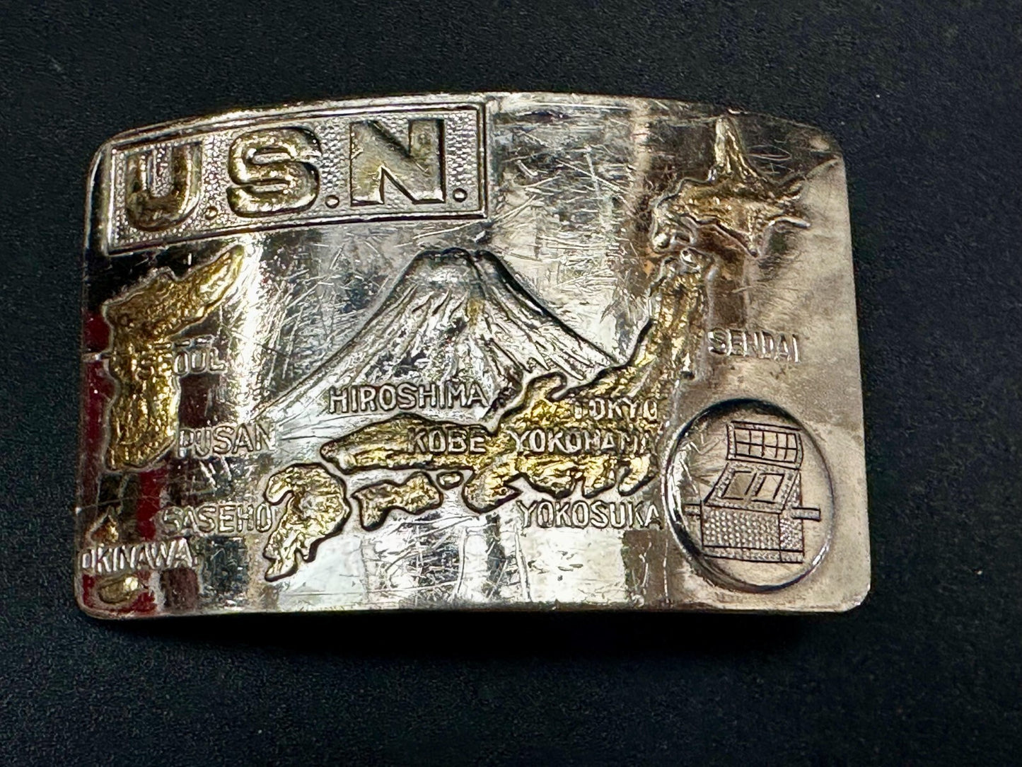 USN United State Navy Japan Korea Map Military Style Ratchet Belt Buckle