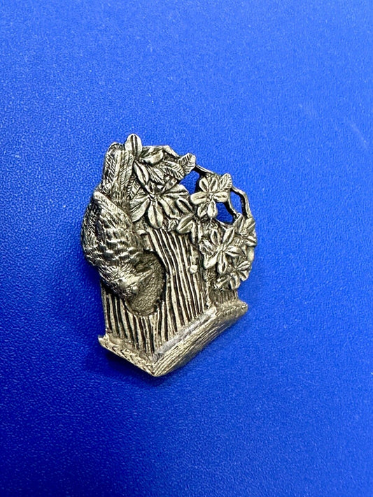 Bird flying to birdhouse - vintage birds and blooms pewter pin